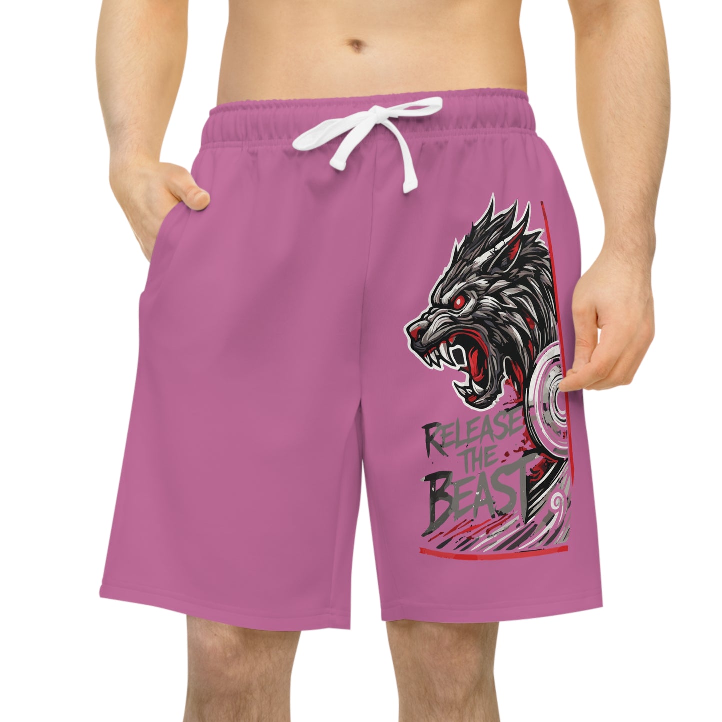 ReleaseTheBeast Men's Gym Sweat Shorts White Pink